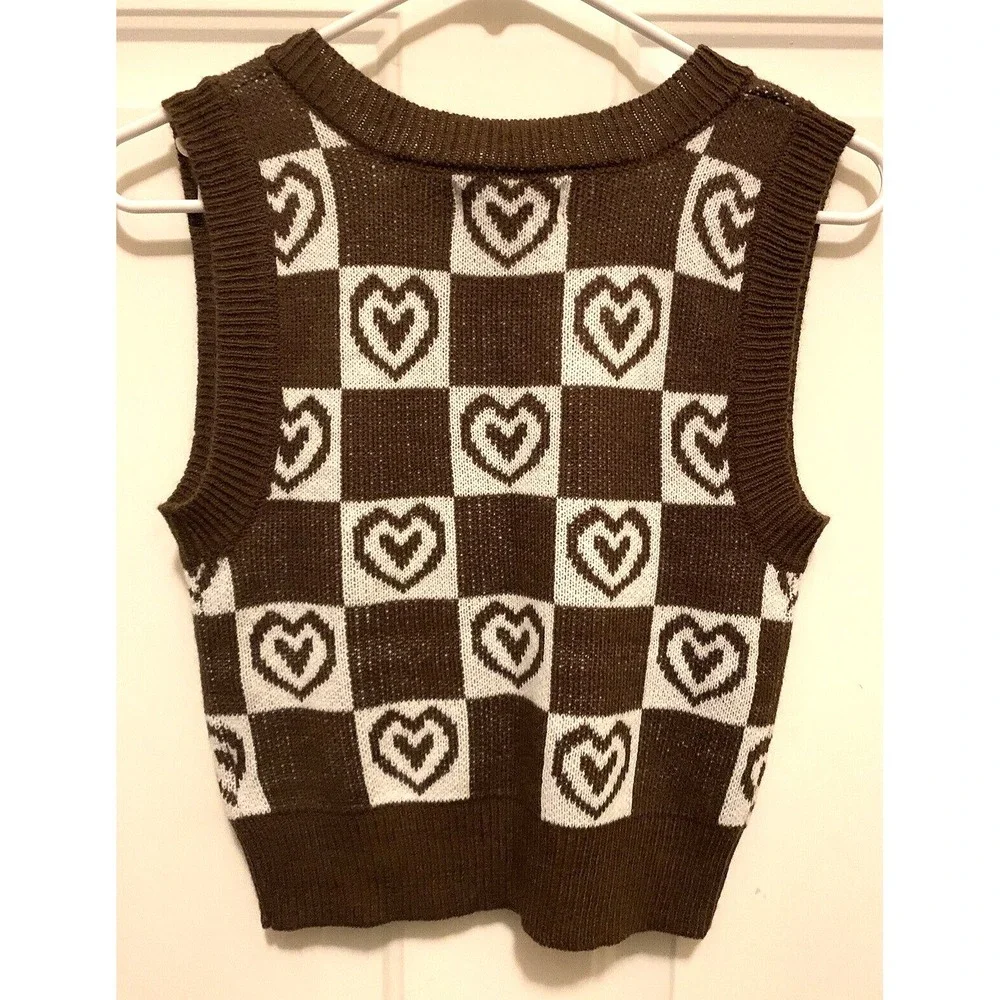 no comment Sweater Vest Womens Juniors Small Brown White V Neck Heart Check‎